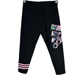 Adidas Black Floral Logo Capri Leggings Kids Girls Size Large 14